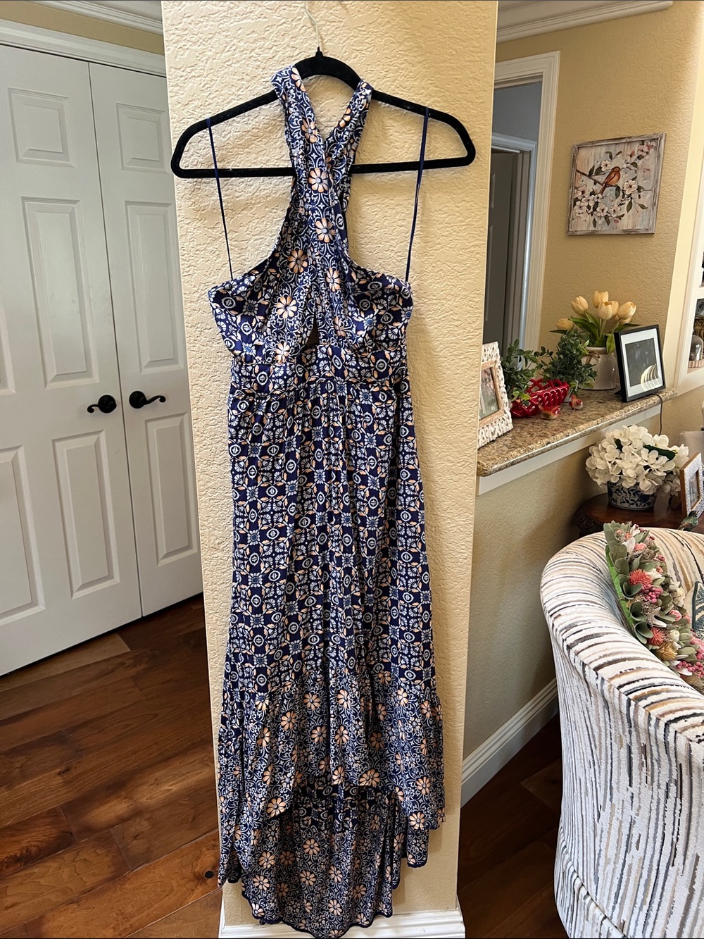 Navy Floral Cross Strap Halter Maxi Hi/Low Dress